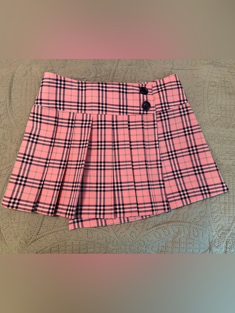 Girl’s Pink Plaid Pleated Mini Skirt with Button Detail